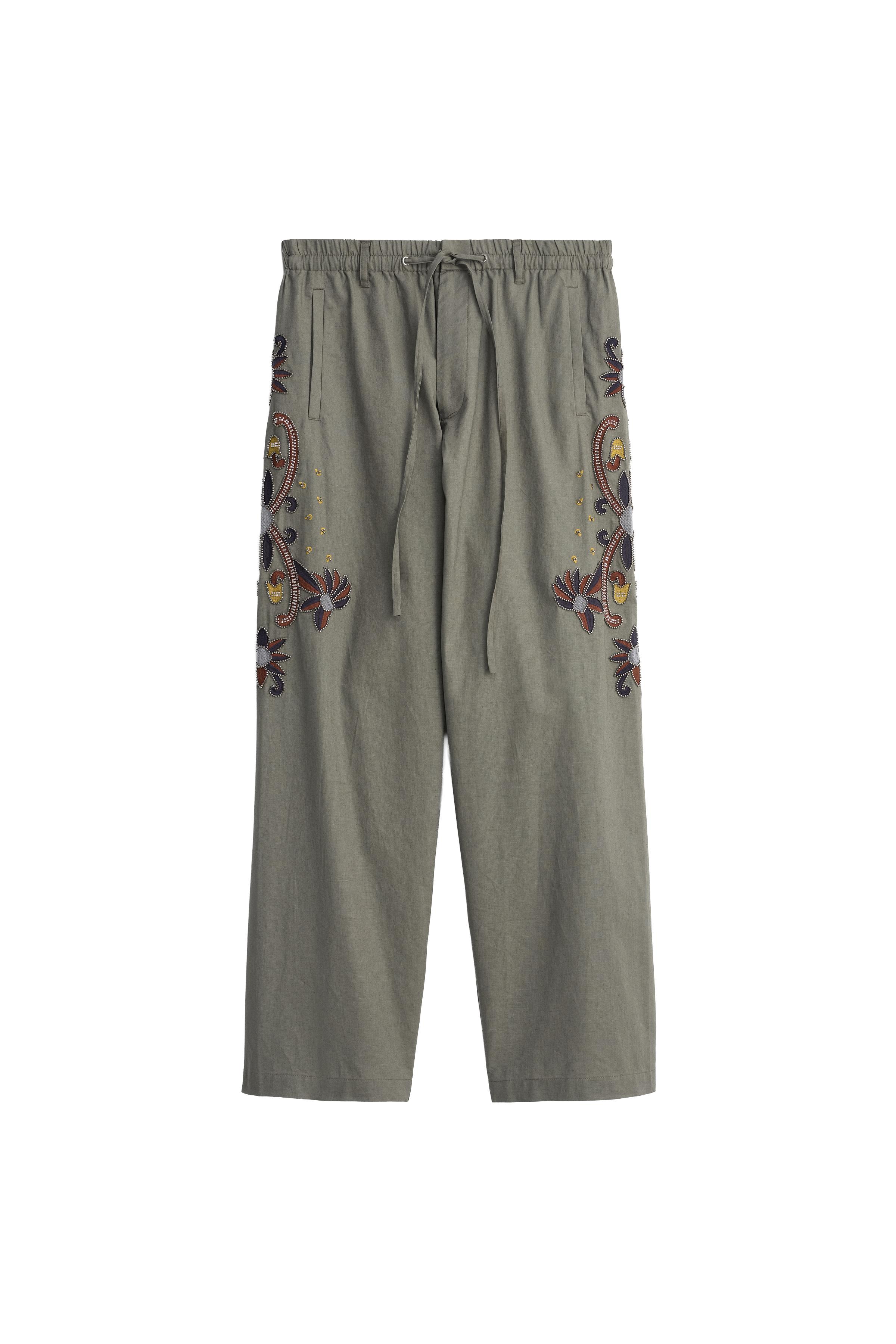 CONTRAST EMBROIDERED LINEN-COTTON PANTS - Green / Blue | ZARA
