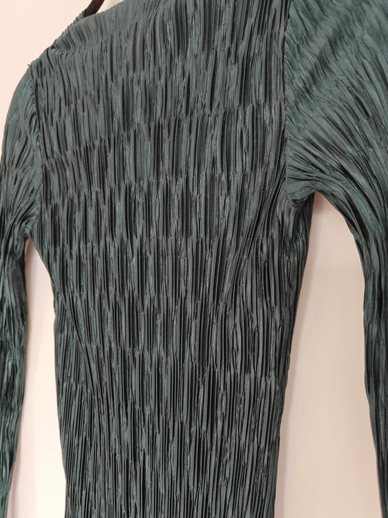 Dark green pleated fabric with a vertical texture in the foreground, showing detail of the sleeve and shoulder of a garment.