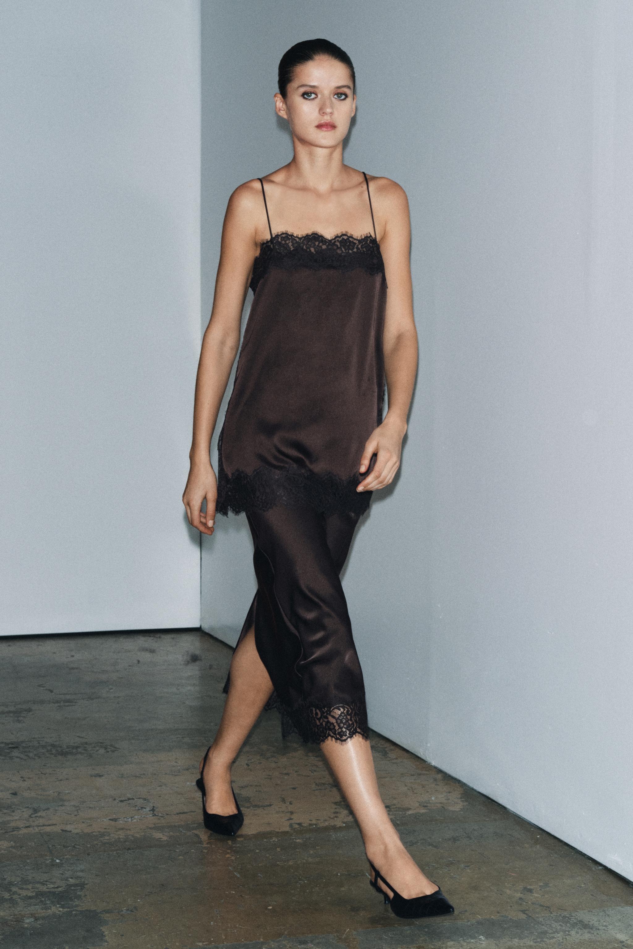 SATIN EFFECT LACE TOP ZW COLLECTION - Dark brown | ZARA United States