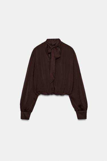 DRAPED BLOUSE WITH BOW - Brown by Zara