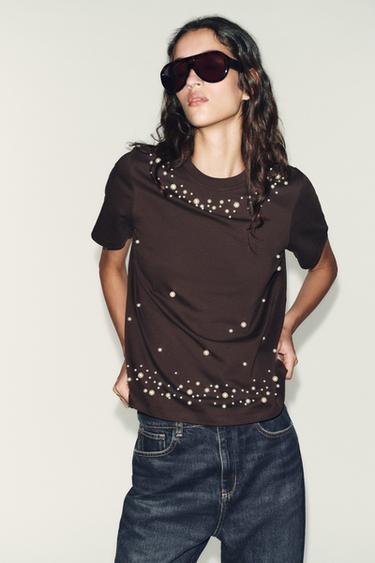 SHORT SLEEVE FAUX PEARL T-SHIRT - Brown by Zara