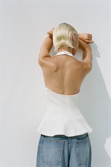 Zara STRETCH PEPLUM TOP - Oyster-white