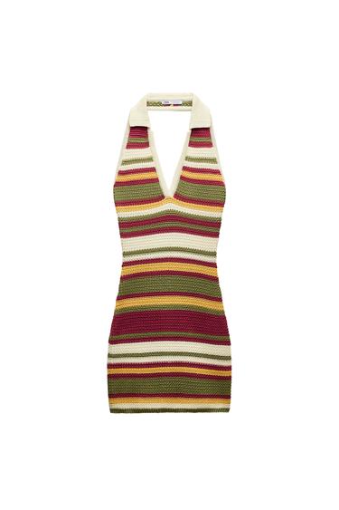 Front view of a multi-coloured striped dress with a V-neck and halter neck.