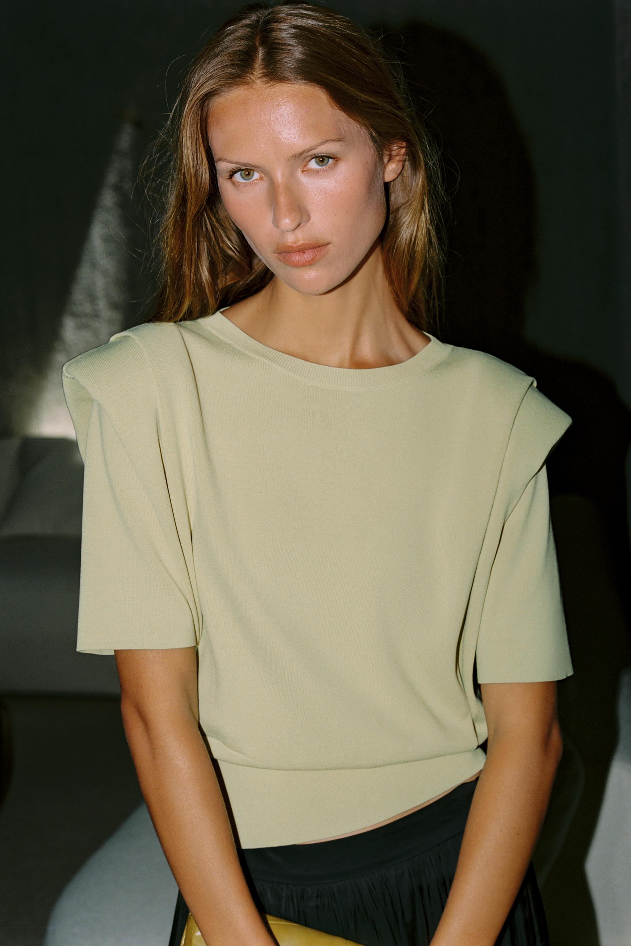Padded Shoulder Knit Top — Pastel green