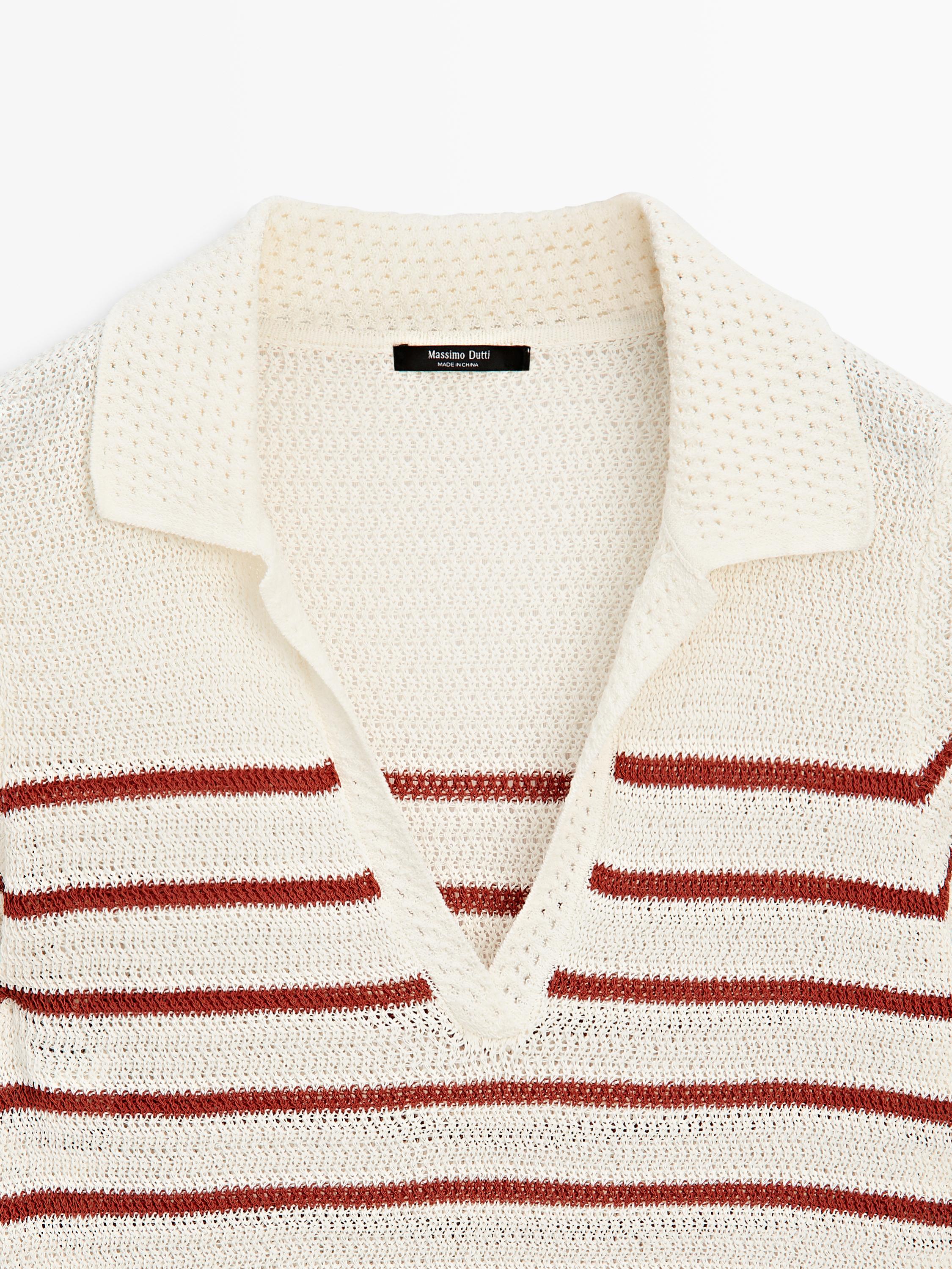 Striped cotton blend knit polo shirt