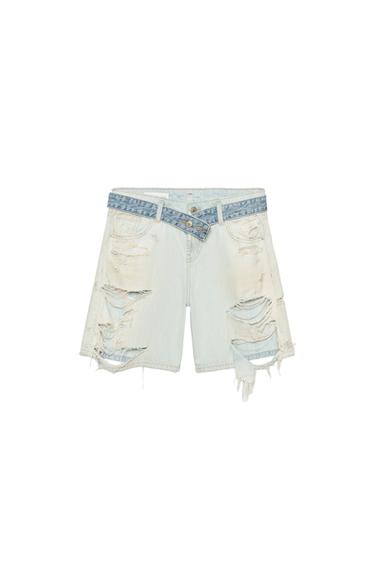 Zara TRF MID-RISE RIPPED DENIM BERMUDA SHORTS WITH BELT - Light blue