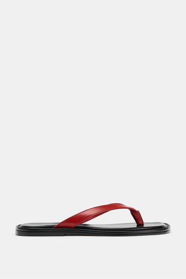Zara CONTRAST LEATHER SLIDE SANDALS - Red