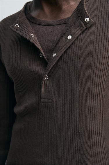 TEXTURED BUTTON-UP COLLAR T-SHIRT - Dark brown by Zara - Image 5