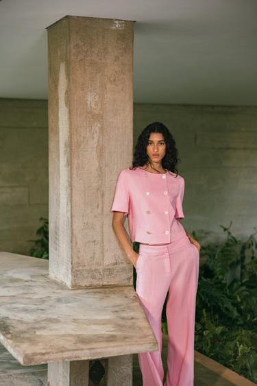STRAIGHT-LEG LINEN BLEND TROUSERS - Pink by Zara - Image 1