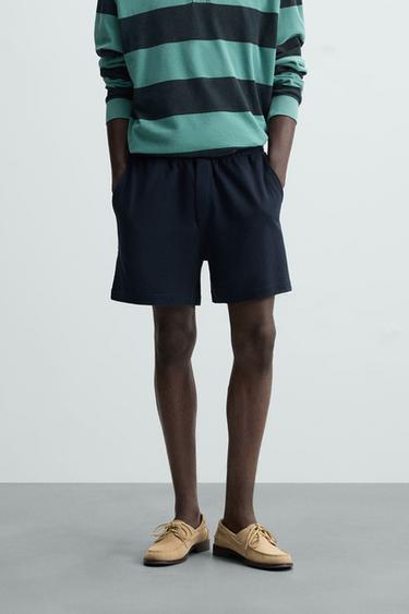 Zara TEXTURED RELAXED FIT SHORTS - Navy blue