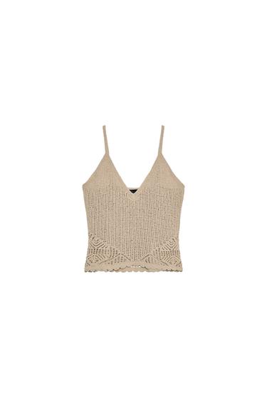 Zara POINTELLE SPAGHETTI STRAP TOP - taupe brown