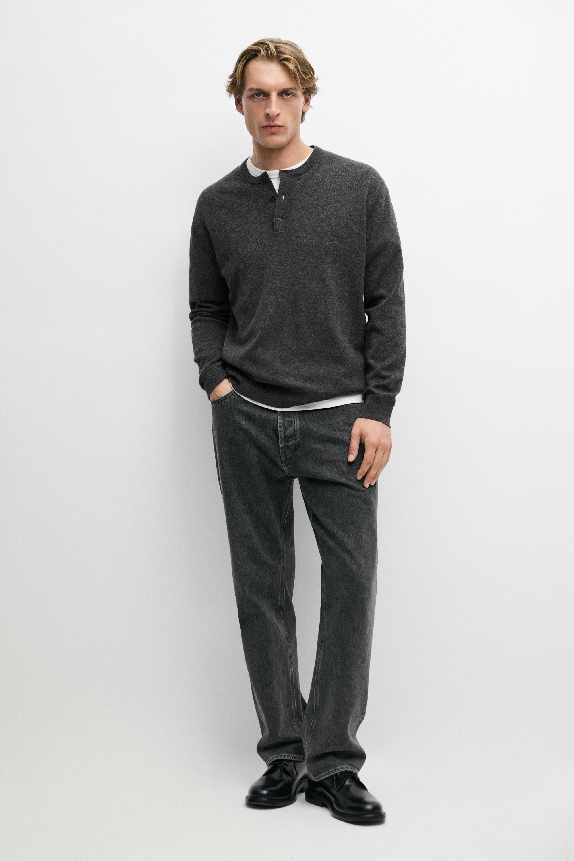 Wool-blend knit henley neck sweater