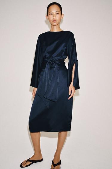 ROBE MIDI CEINTURE AVEC LIN ZW COLLECTION - Bleu de Zara - Image 4