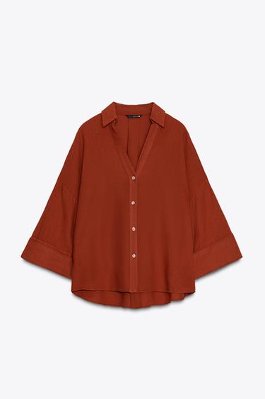 Zara WIDE SLEEVE LINEN SHIRT - Terracotta