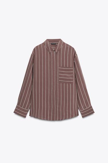STRIPED SHIRT WITH POCKET - Brown / Ecru by Zara - Image 4