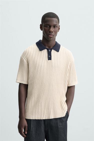 Zara CONTRASTING KNIT POLO SHIRT - Ecru