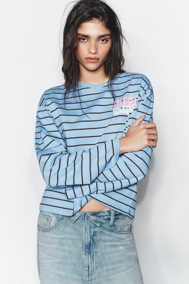 STRIPED T-SHIRT WITH SLOGAN - Blue by Zara - Image 2