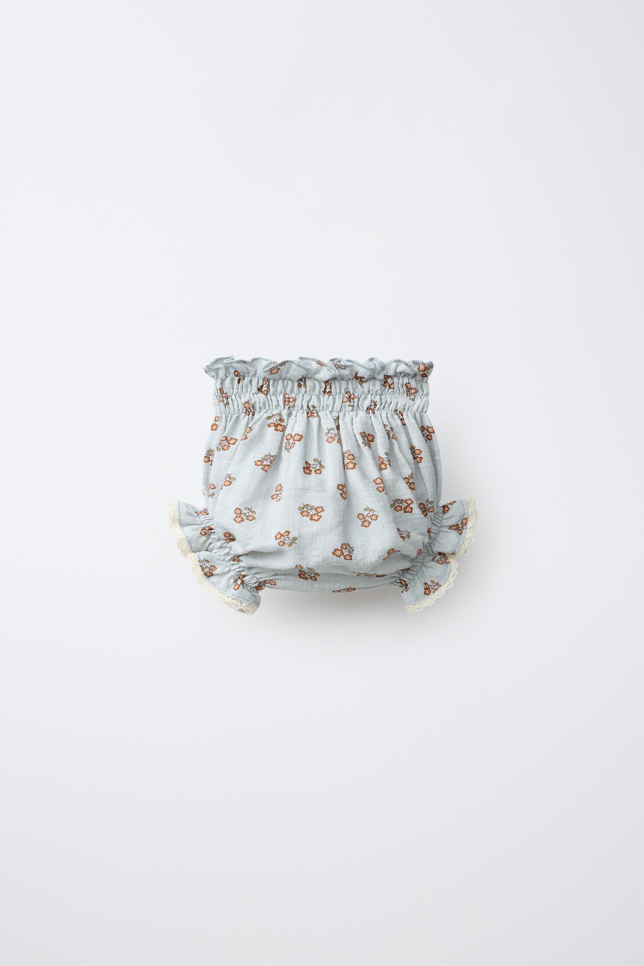 FLORAL PRINT LACE-TRIM BRIEFS — Light blue