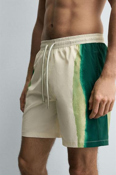 LONG STRIPED PRINT SWIMMING TRUNKS - Ecru by Zara - Image 5
