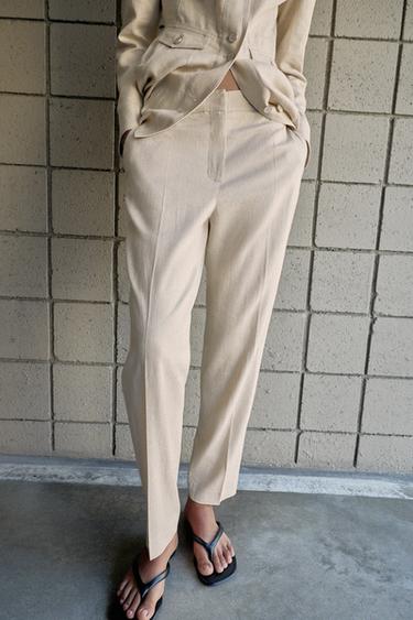 SLIM FIT LINEN BLEND CROPPED TROUSERS - Light beige by Zara - Image 1