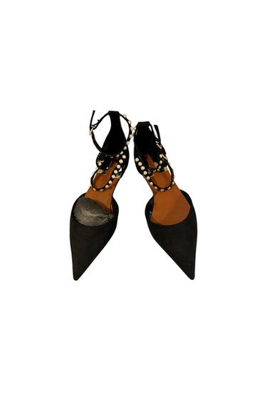 DOUBLE PEARL ANKLED BLACK SUEDE FLATS
