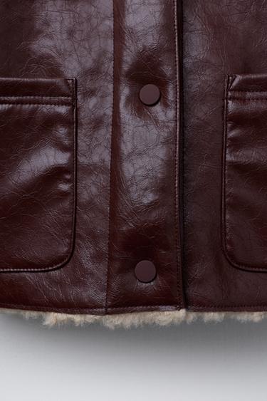 DOUBLE-FACED FAUX SHEARLING AND FAUX LEATHER JACKET - Burgundy by Zara - Image 6