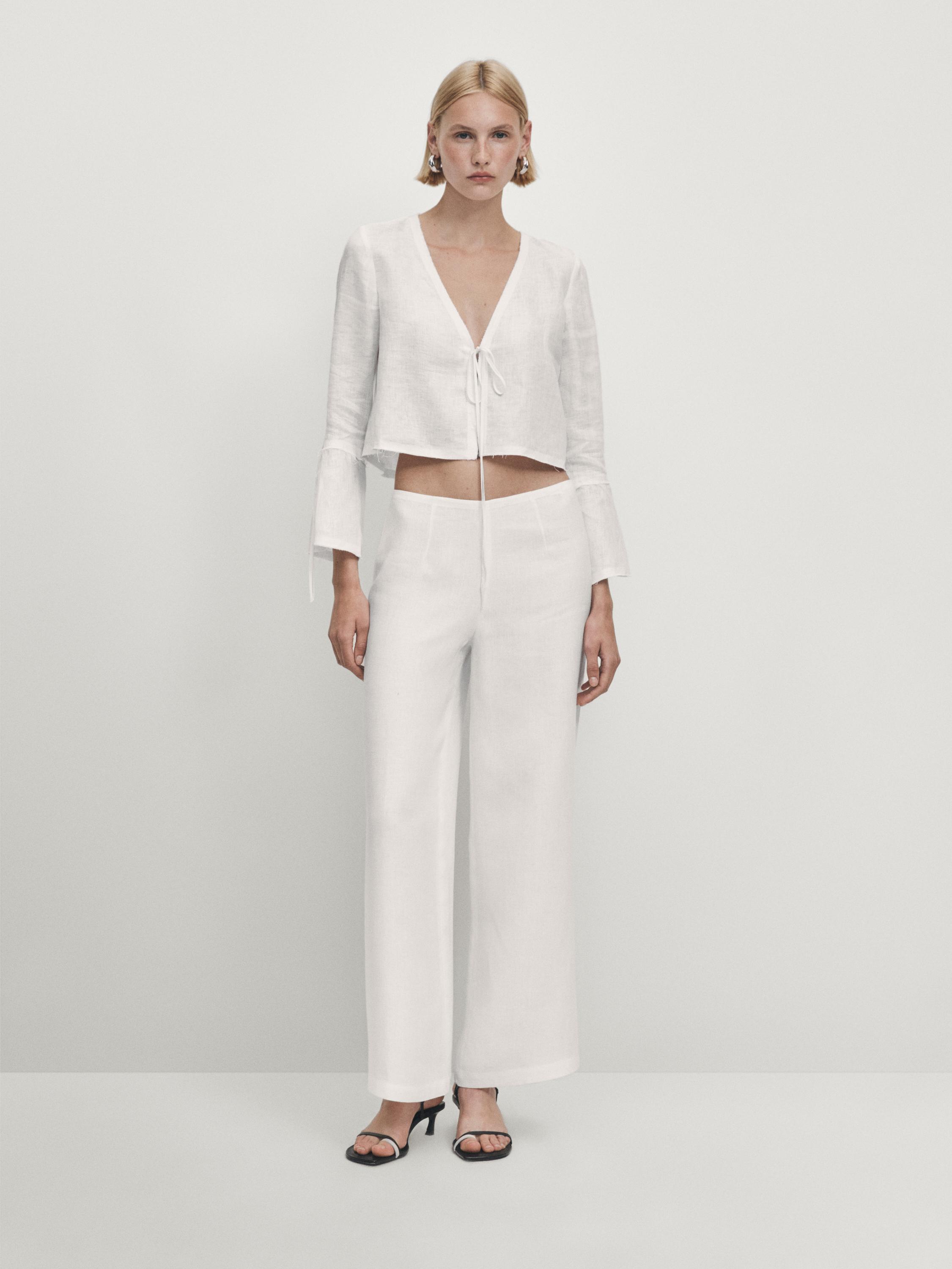 100% linen cropped shirt with tied detail - Studio