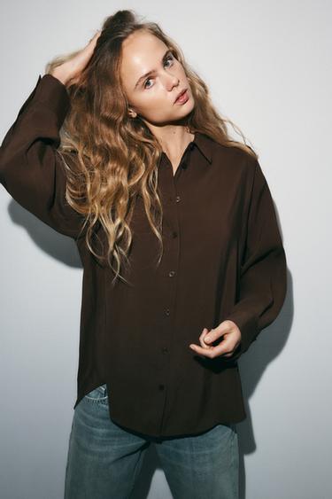 Zara FLOWY OVERSIZED SHIRT - Chocolate brown