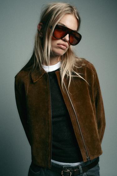 100% LEATHER SHORT JACKET - whisky by Zara - Image 1