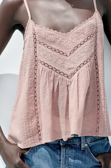 EMBROIDERED COTTON TOP - Pale pink by Zara - Image 0