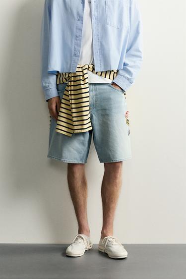 RELAXED FIT DENIM BERMUDA SHORTS WITH PATCHES - Blue by Zara