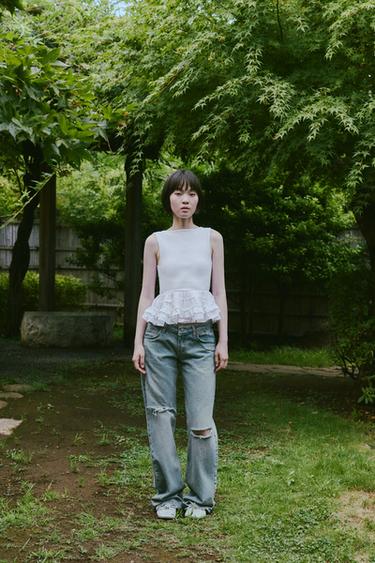 TRF ダメージ加工ローライズワイドレッグデニムパンツブルーグレーZaraのTRF ダメージ加工ローライズワイドレッグデニムパンツ - ブルーグレー 