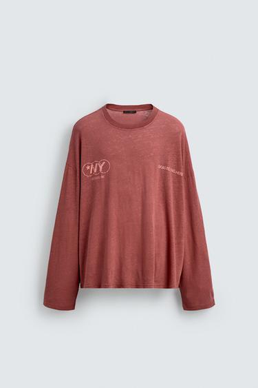 RELAXED-FIT T-SHIRT AUS BAUMWOLLE UND LEINEN MIT SCHRIFTZÜGEN - Rot von Zara