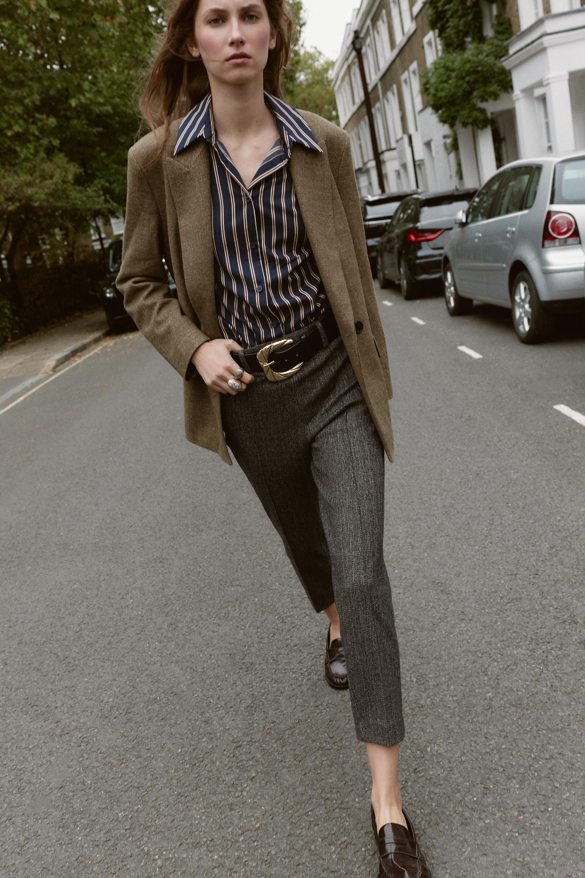 HERRINGBONE BELTED PANTS