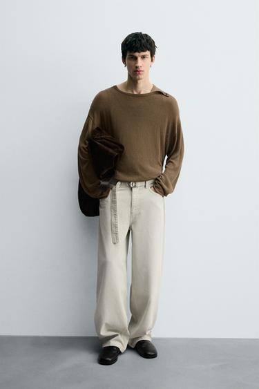 BELTED RELAXED FIT JEANS - Grey green by Zara