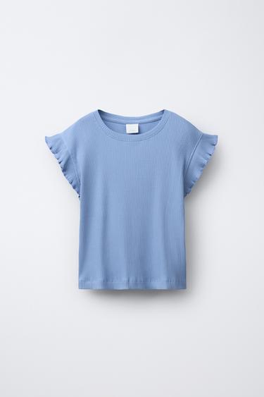 Zara RUFFLED RIBBED TOP - Blue