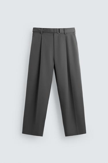 Zara PLEATED PANTS WITH BELT - Anthracite grey
