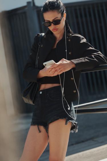 TRF HIGH-WAIST RIPPED DENIM SHORTS - Black by Zara