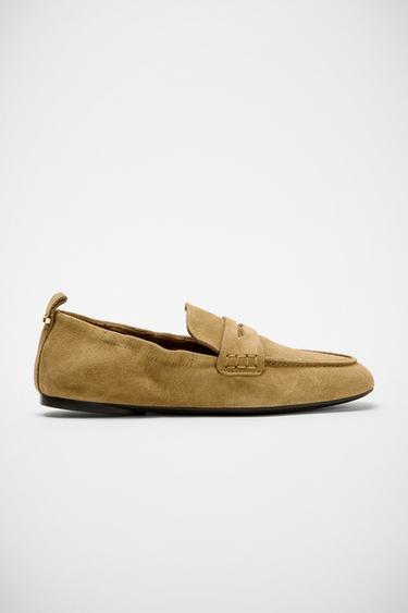 RUFFLED SPLIT SUEDE LOAFERS - Sand Brown by Zara