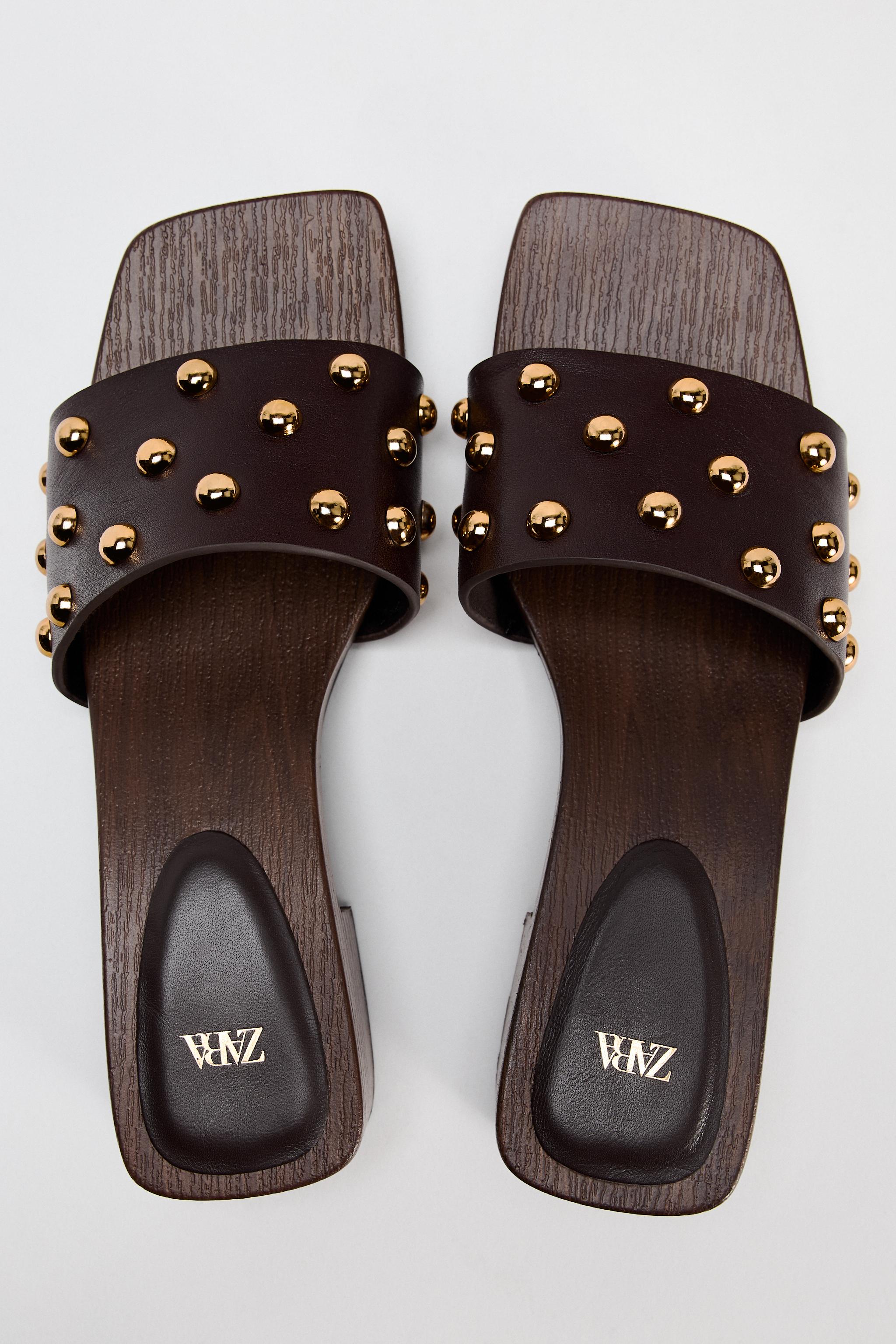 スペイン発送 ZARA スタッズレザーヒールサンダル 数量限定！ スペイン発送 ZARA スタッズ付きレザーウェッジサンダル 限定