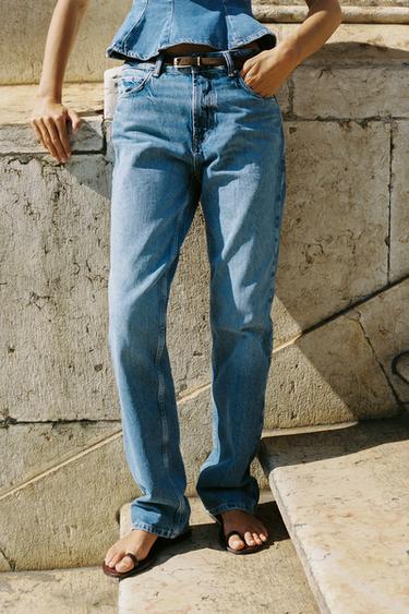 Pantalón Mujer Jeans ZARA TRF Tiro Alto Pierna Recta Azul Clásico Jeans Zara Trf Straight Leg Mujer Azules De