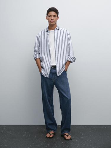 Zara Regular fit striped linen shirt - Bluish - Image 0