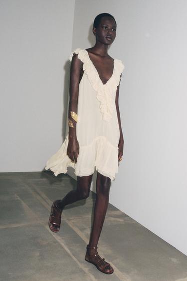 Zara ZW COLLECTION 荷葉邊蕾絲洋裝 - 裸色