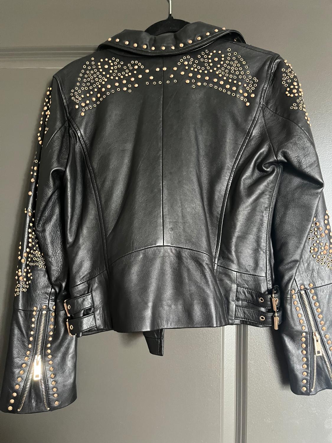ZARA LAMBSKIN NAPA LEATHER BIKER JACKET ROCK STUD BUCKLE STRAP BLACK GOLD - Image 5