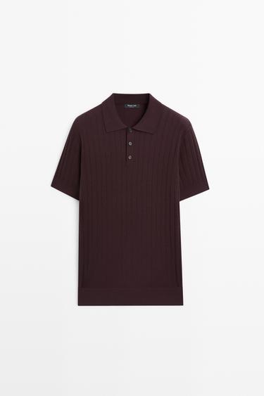 Zara Ribbed knit cotton blend polo shirt - Burgundy