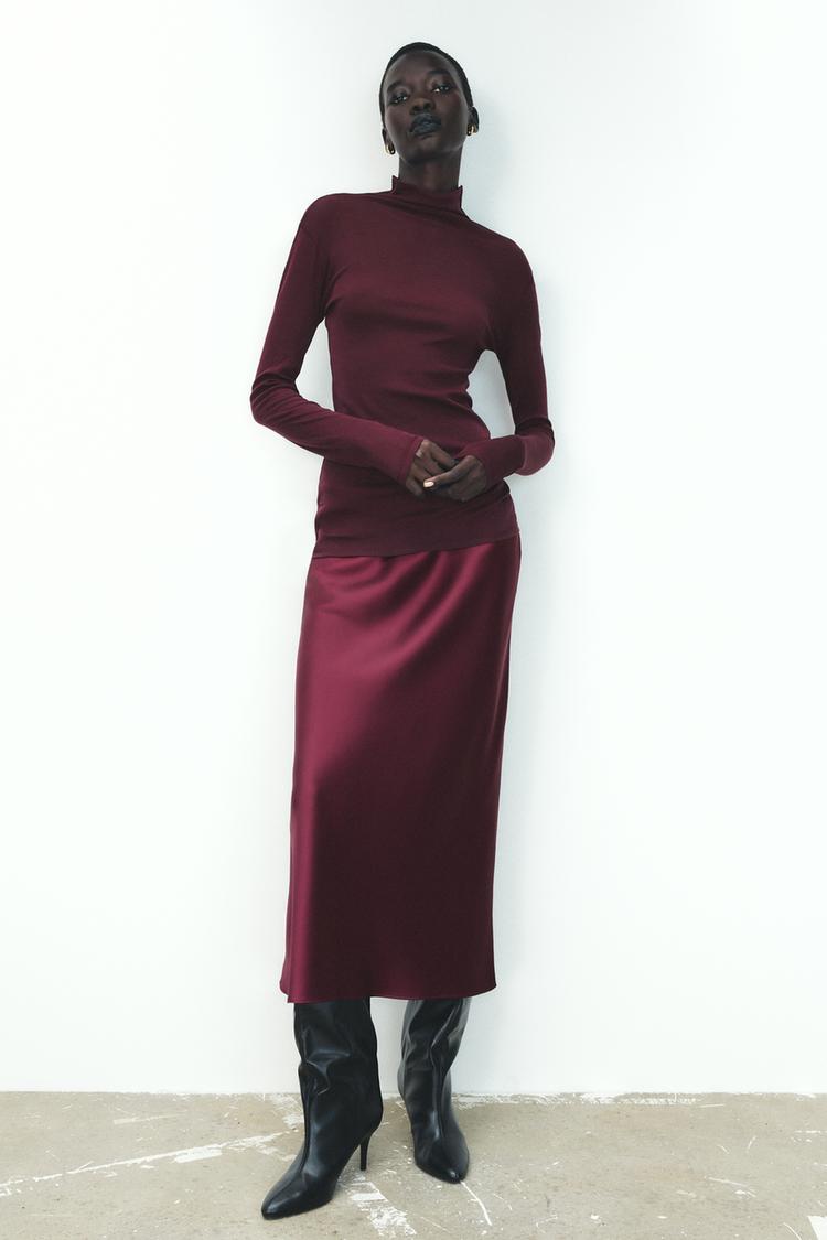 Zara Falda Midi Saten FALDA MIDI SATINADA Granate ZARA Chile