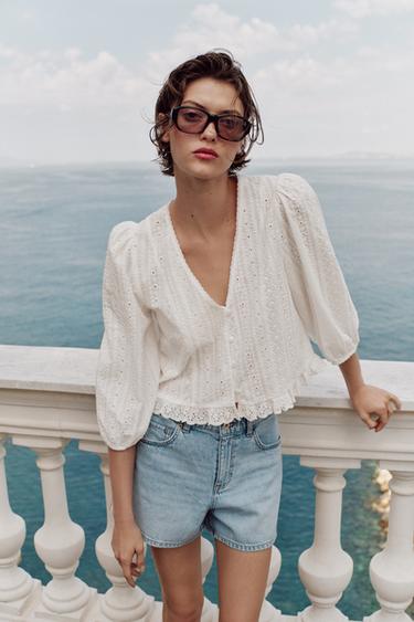 BLOUSE WITH CUTWORK EMBROIDERY - Oyster-white by Zara
