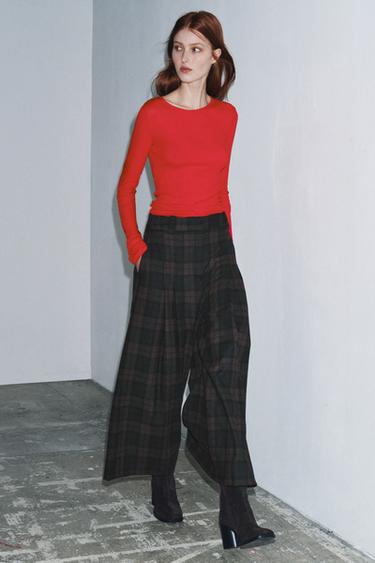 ZW 컬렉션 체크 울 혼방 팬츠 - Zara 브라운-블루