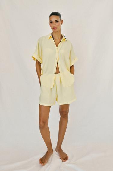 Zara FLOWY SHIRT AND SHORTS SET - Ecru / Green