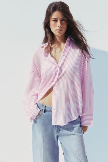 قميص OVERSIZE شاش مخطط - أبيض / وردي الخاص بـ Zara
